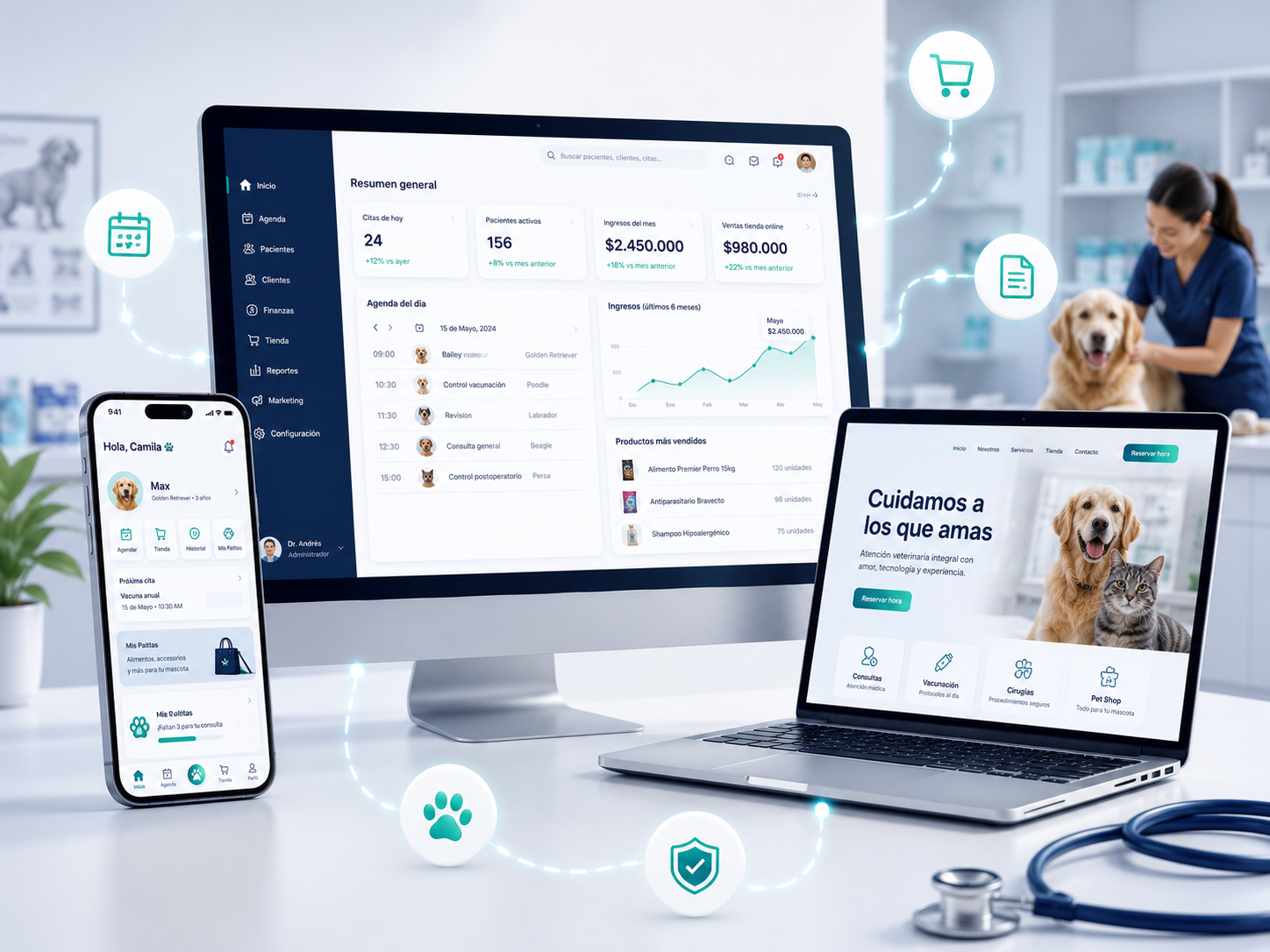 Ecosistema VetSuite con app móvil, panel de gestión y web veterinaria